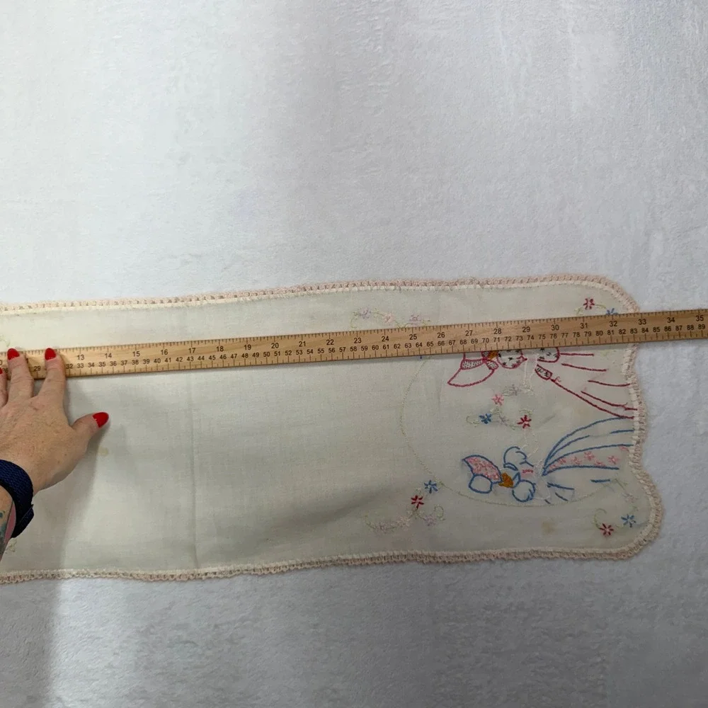 Vintage 35x10 Dresser Runner Hand Embroidered Floral Figures Cream Crochet Trim